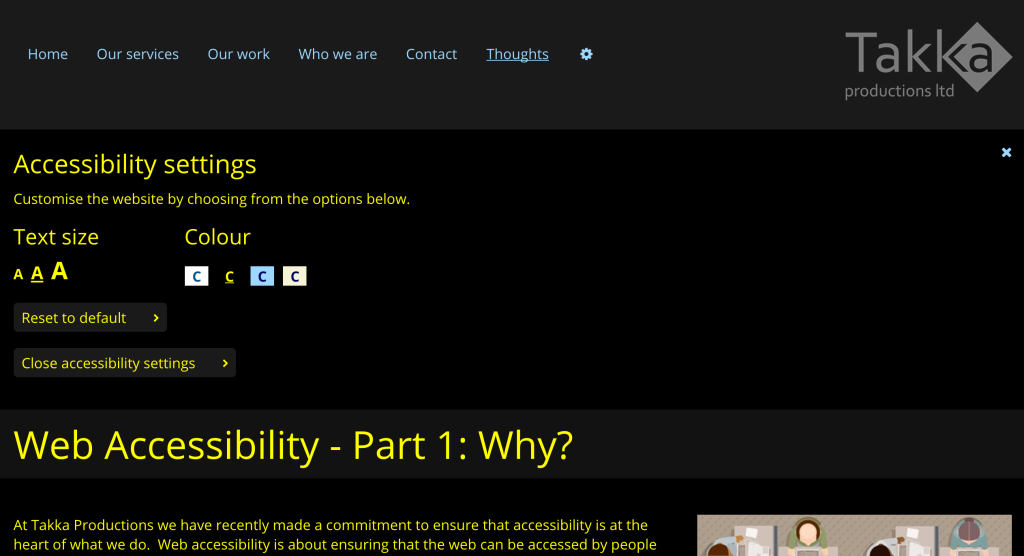 Screenshot of Takka Productions website with accessibility settings open